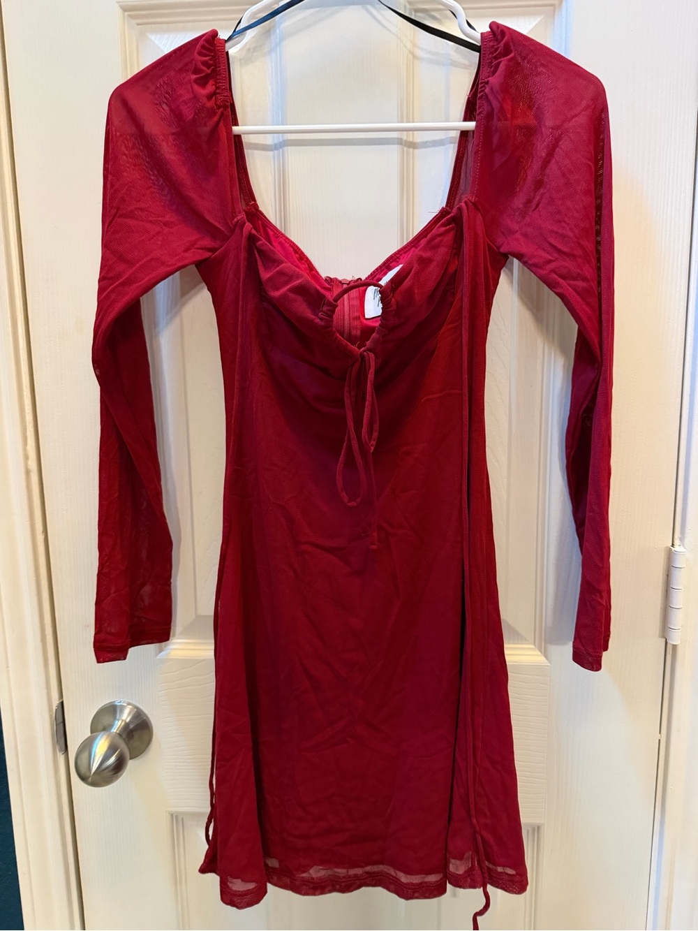Princess Polly Long Sleeve Tie-Front Mini Dress in Wine XS